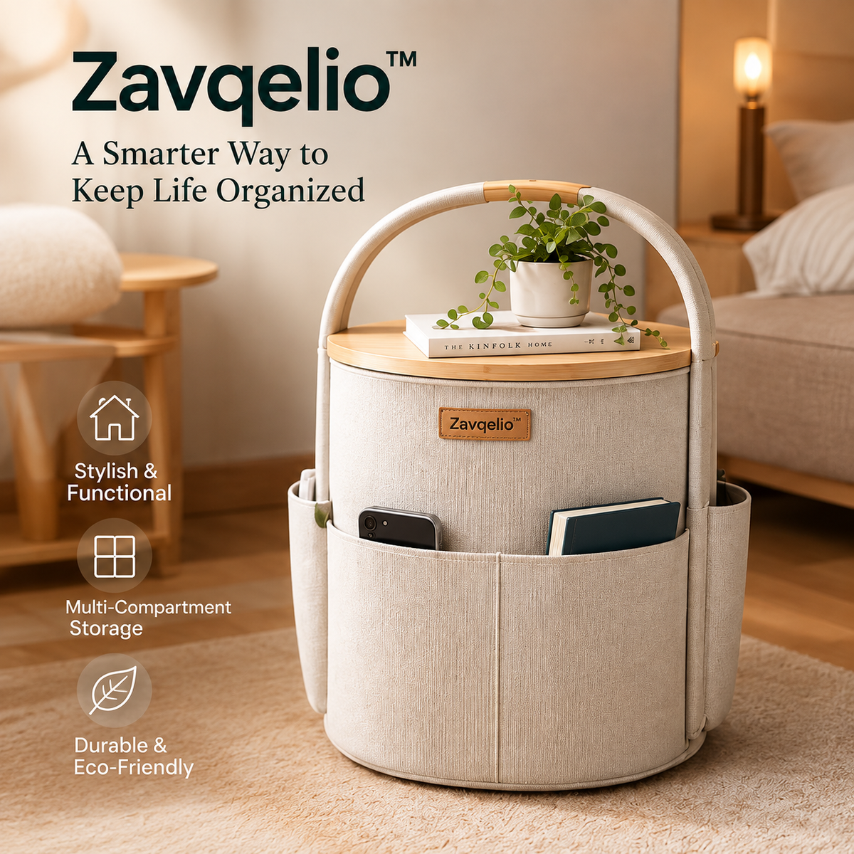 HaloNest Storage Side Table Multi-Pocket Organizer & Modern Side Table for Bedroom and Living Room