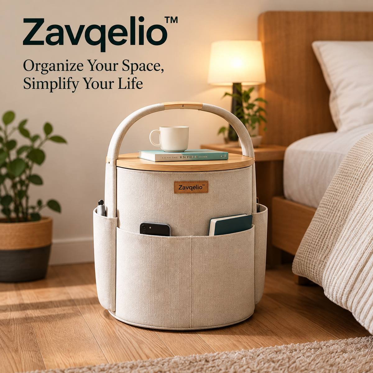 HaloNest Storage Side Table Multi-Pocket Organizer & Modern Side Table for Bedroom and Living Room