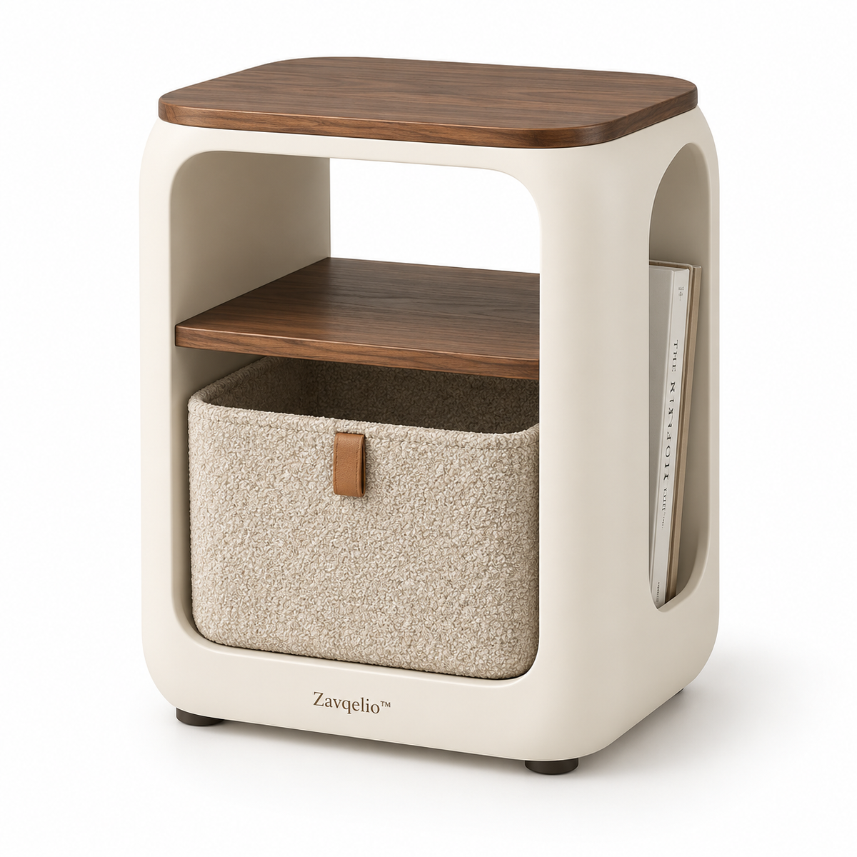 ArcoNest Storage Side Table  Modern Side Table with Removable Bouclé Basket, Open Shelf & Magazine Storage