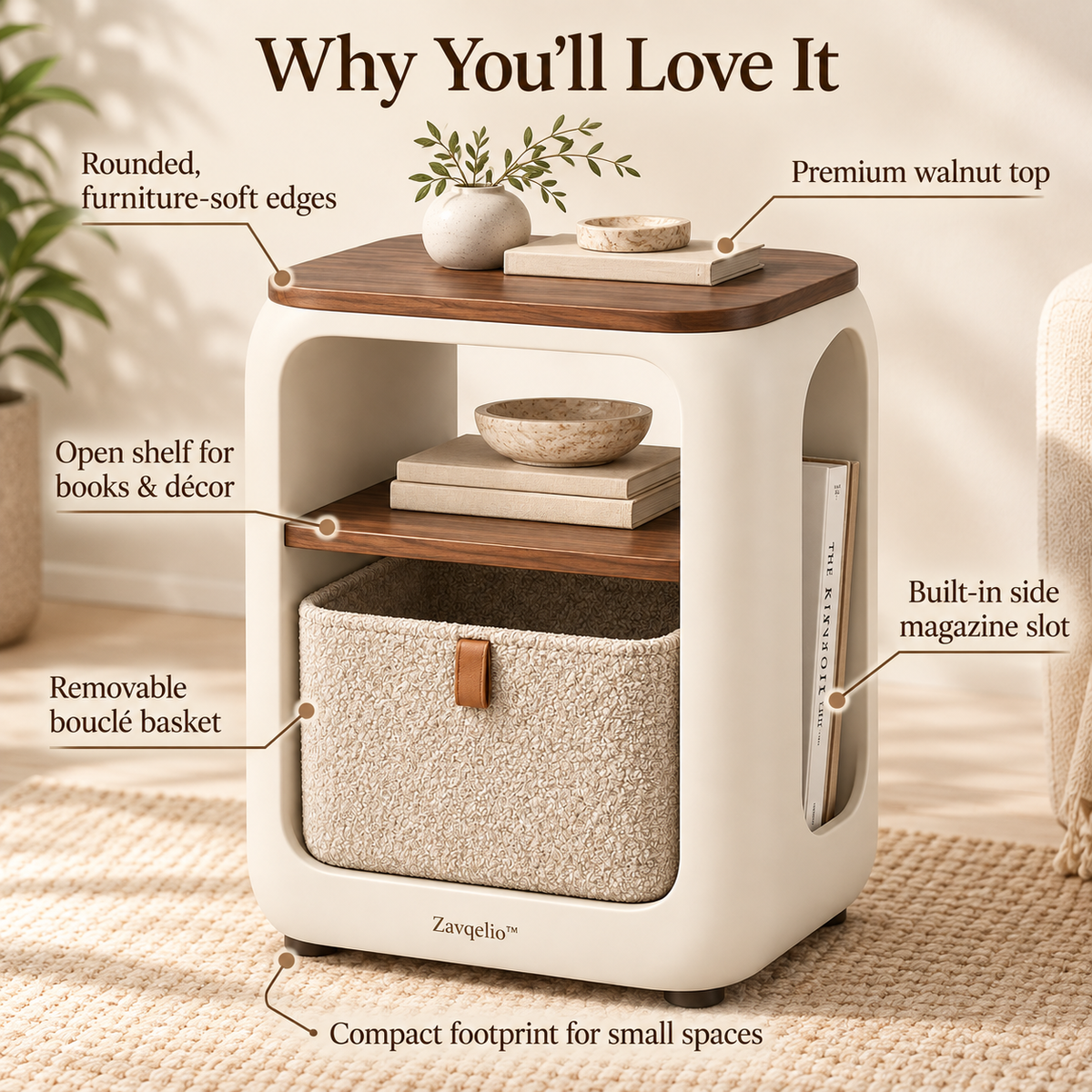 ArcoNest Storage Side Table  Modern Side Table with Removable Bouclé Basket, Open Shelf & Magazine Storage
