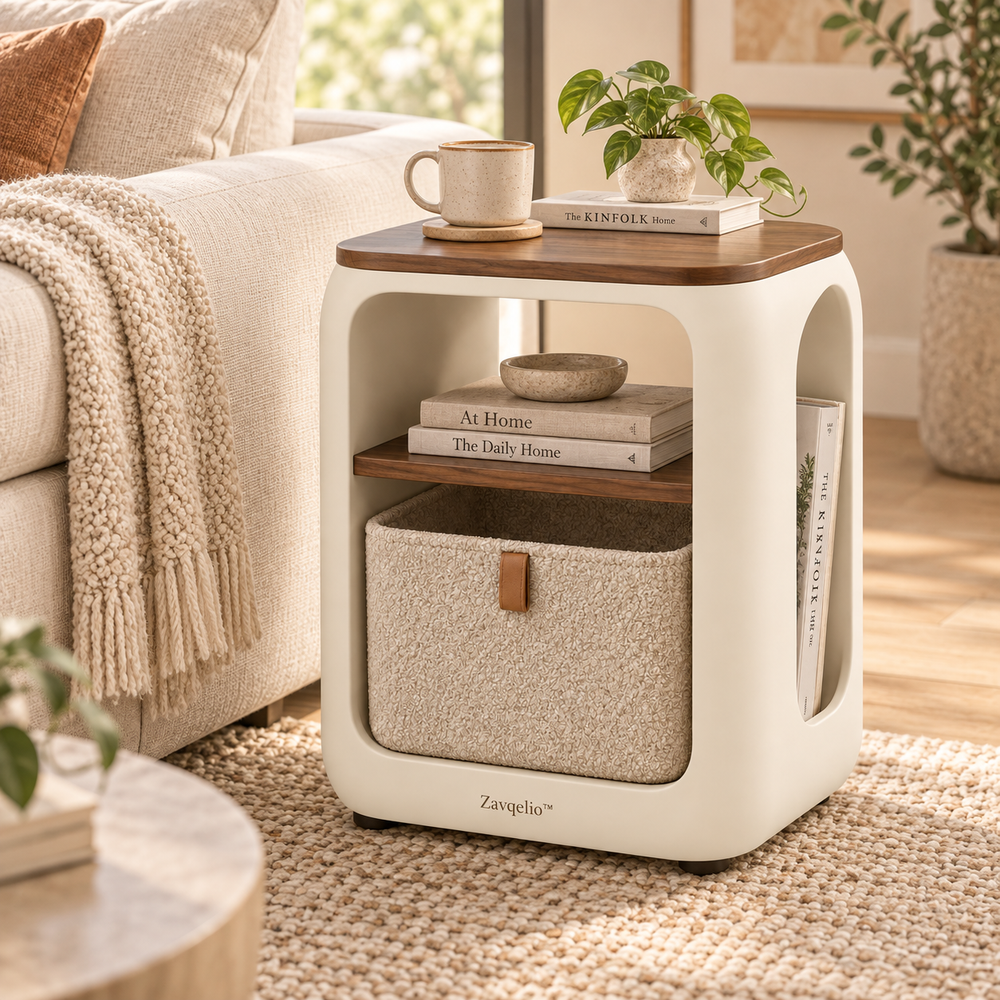 ArcoNest Storage Side Table  Modern Side Table with Removable Bouclé Basket, Open Shelf & Magazine Storage