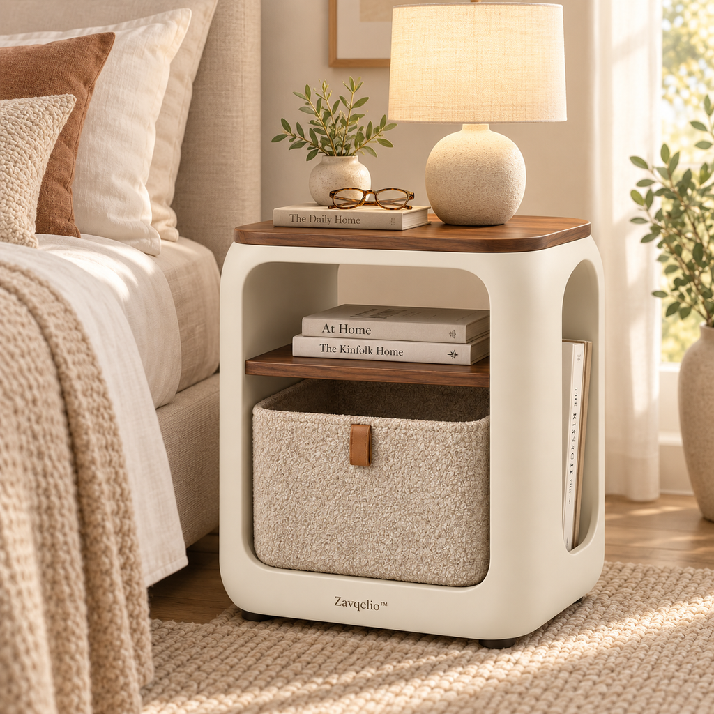 ArcoNest Storage Side Table  Modern Side Table with Removable Bouclé Basket, Open Shelf & Magazine Storage