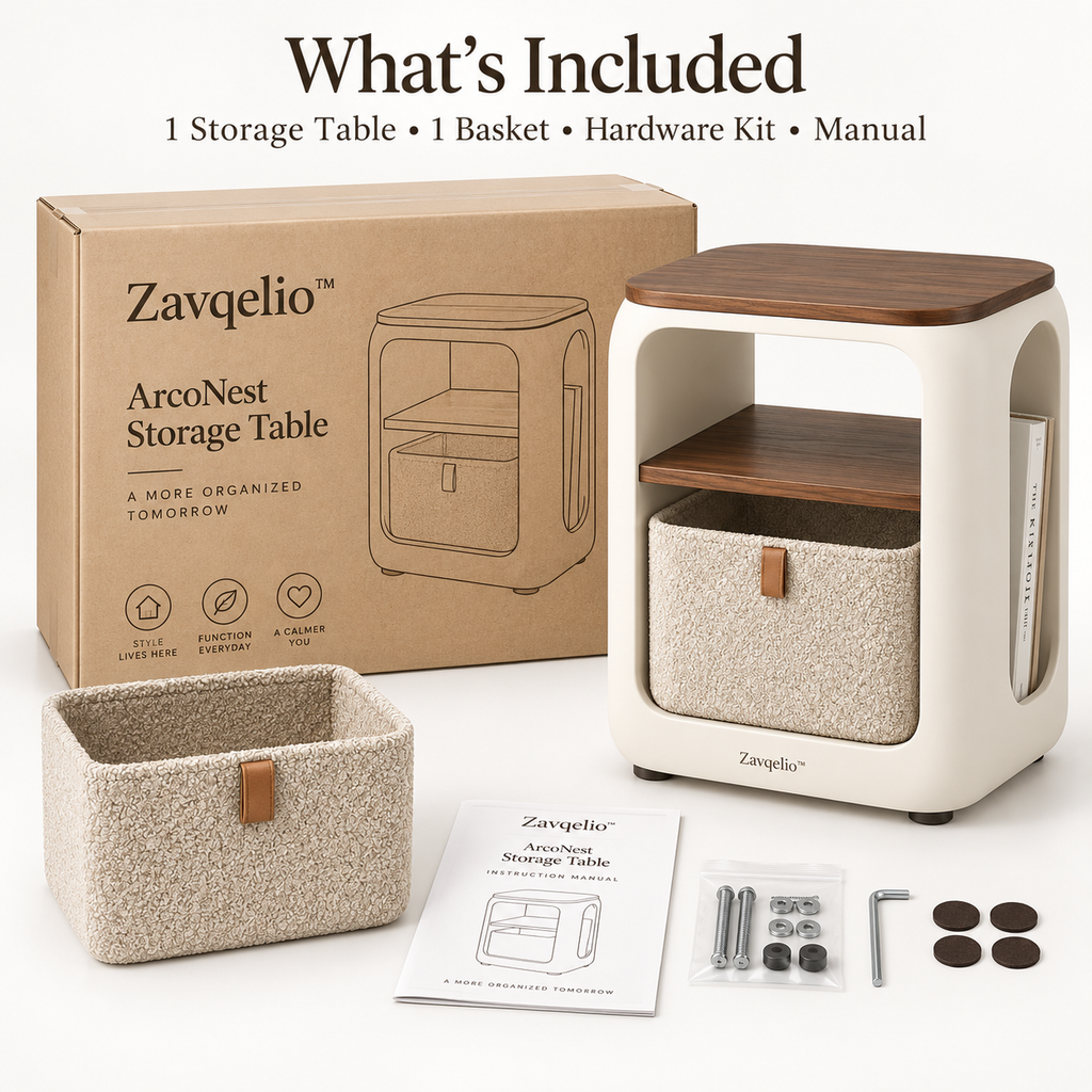 ArcoNest Storage Side Table  Modern Side Table with Removable Bouclé Basket, Open Shelf & Magazine Storage