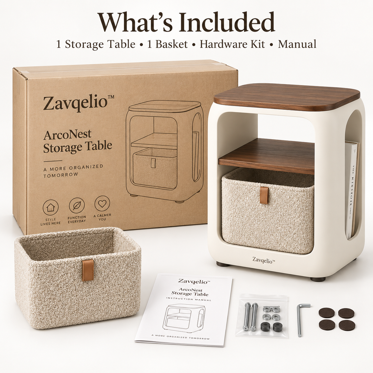 ArcoNest Storage Side Table  Modern Side Table with Removable Bouclé Basket, Open Shelf & Magazine Storage