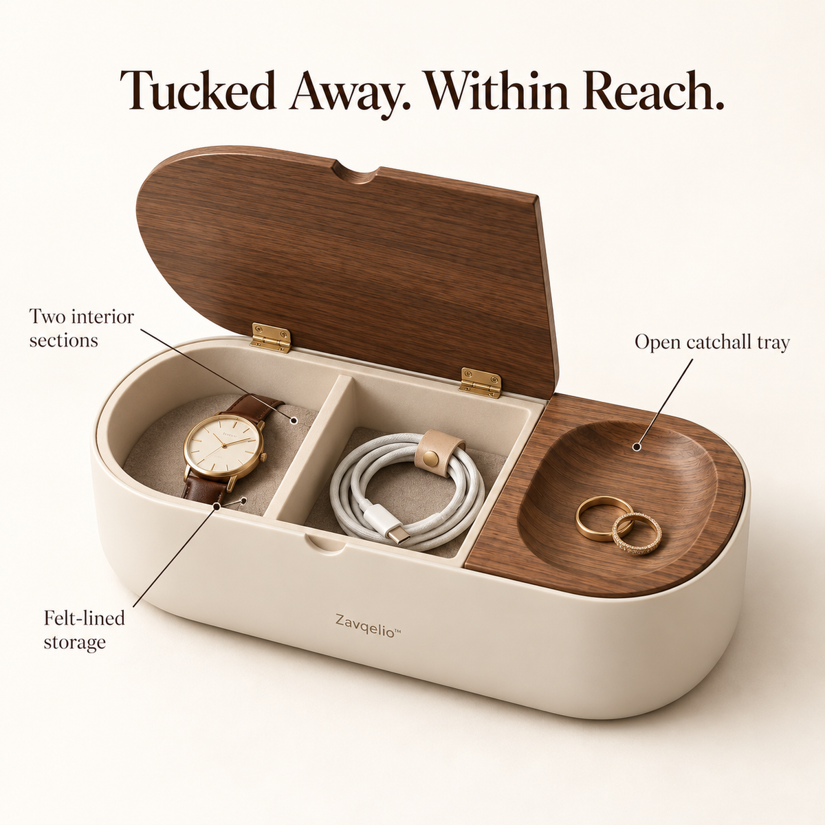 PebbleFold Desktop Storage Box with Hinged Lid & Catchall Tray