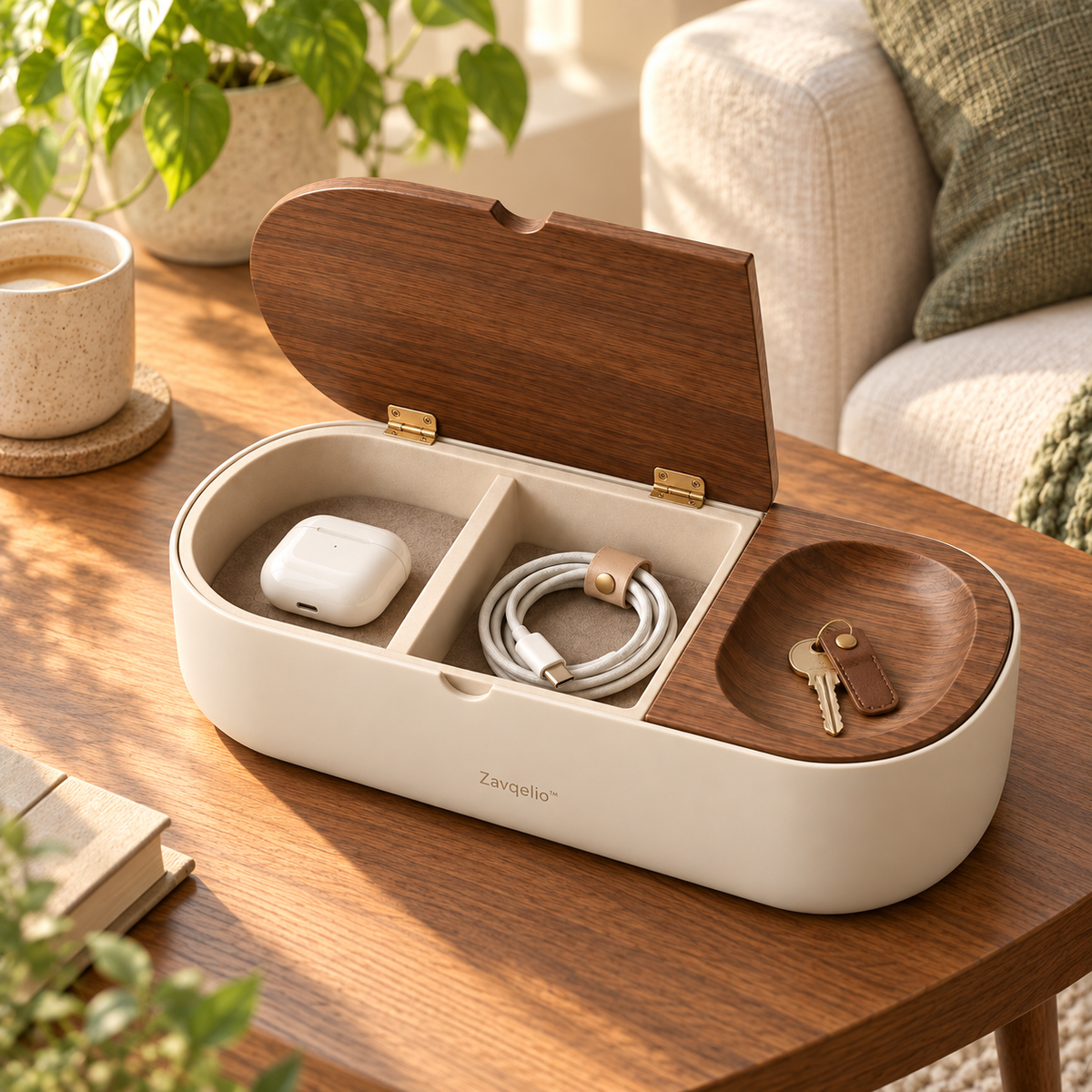PebbleFold Desktop Storage Box with Hinged Lid & Catchall Tray