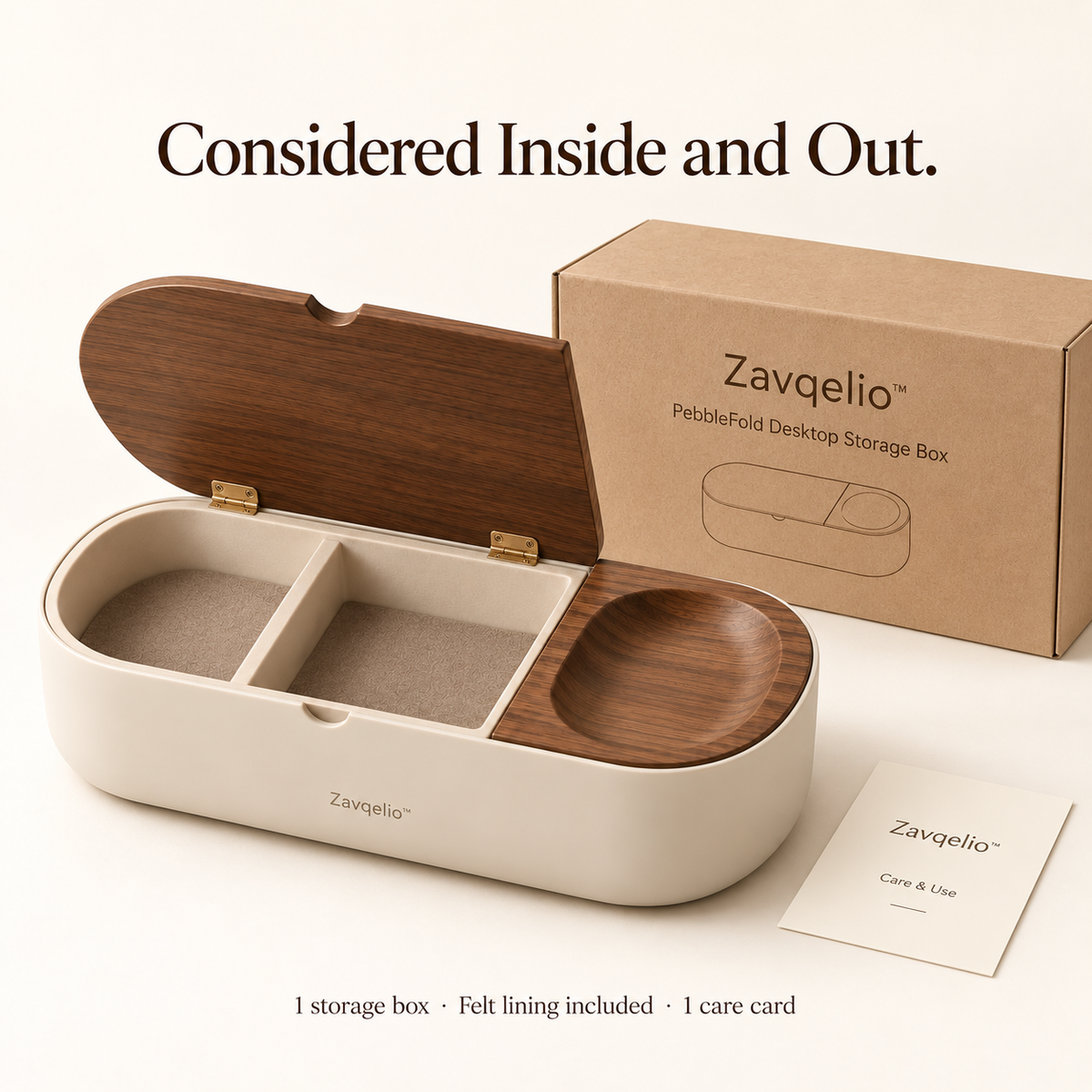 PebbleFold Desktop Storage Box with Hinged Lid & Catchall Tray