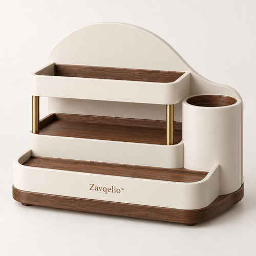 ArcNest Tiered Desktop Organizer  Sculptural 3-Tier Walnut & Cream Home Organizer