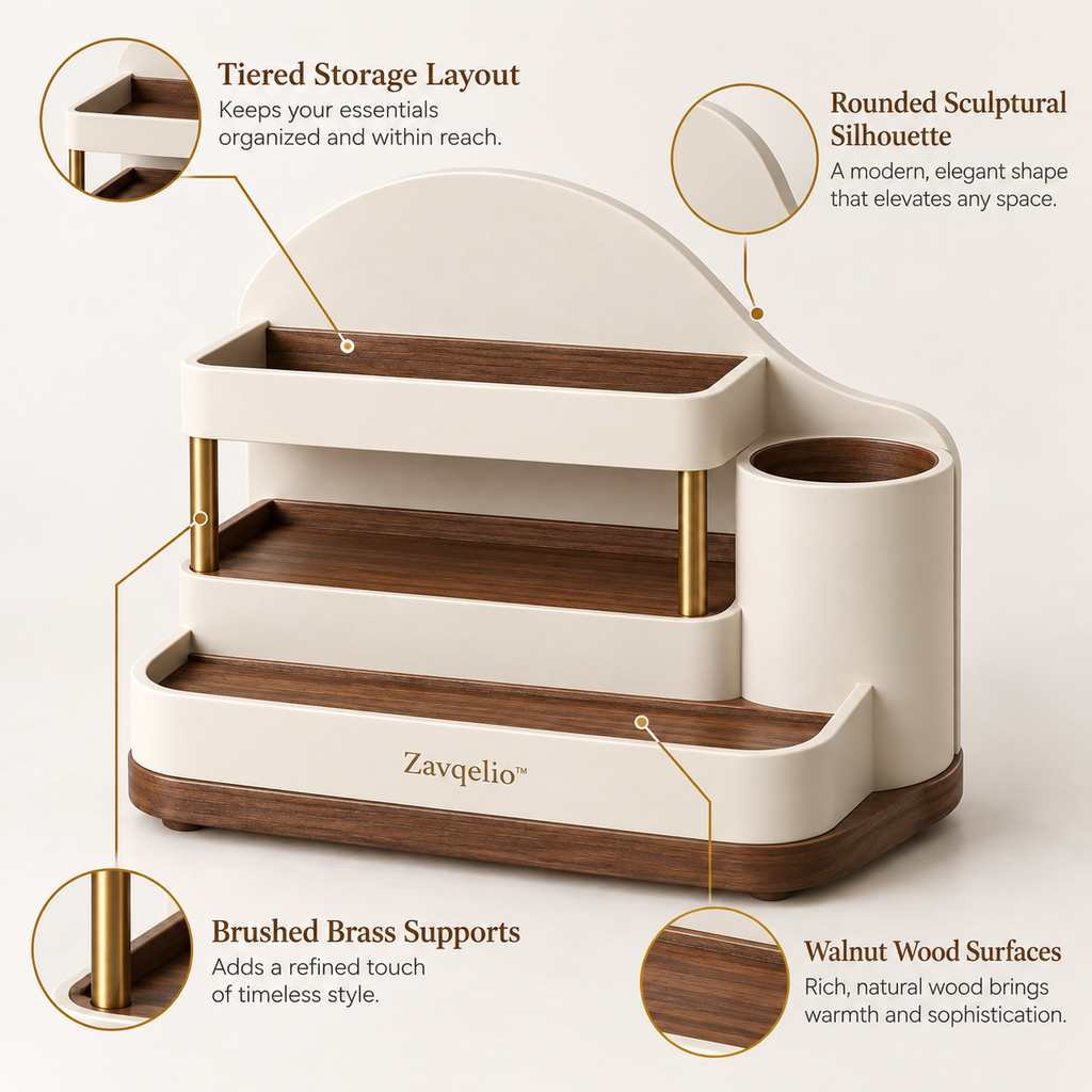 ArcNest Tiered Desktop Organizer  Sculptural 3-Tier Walnut & Cream Home Organizer