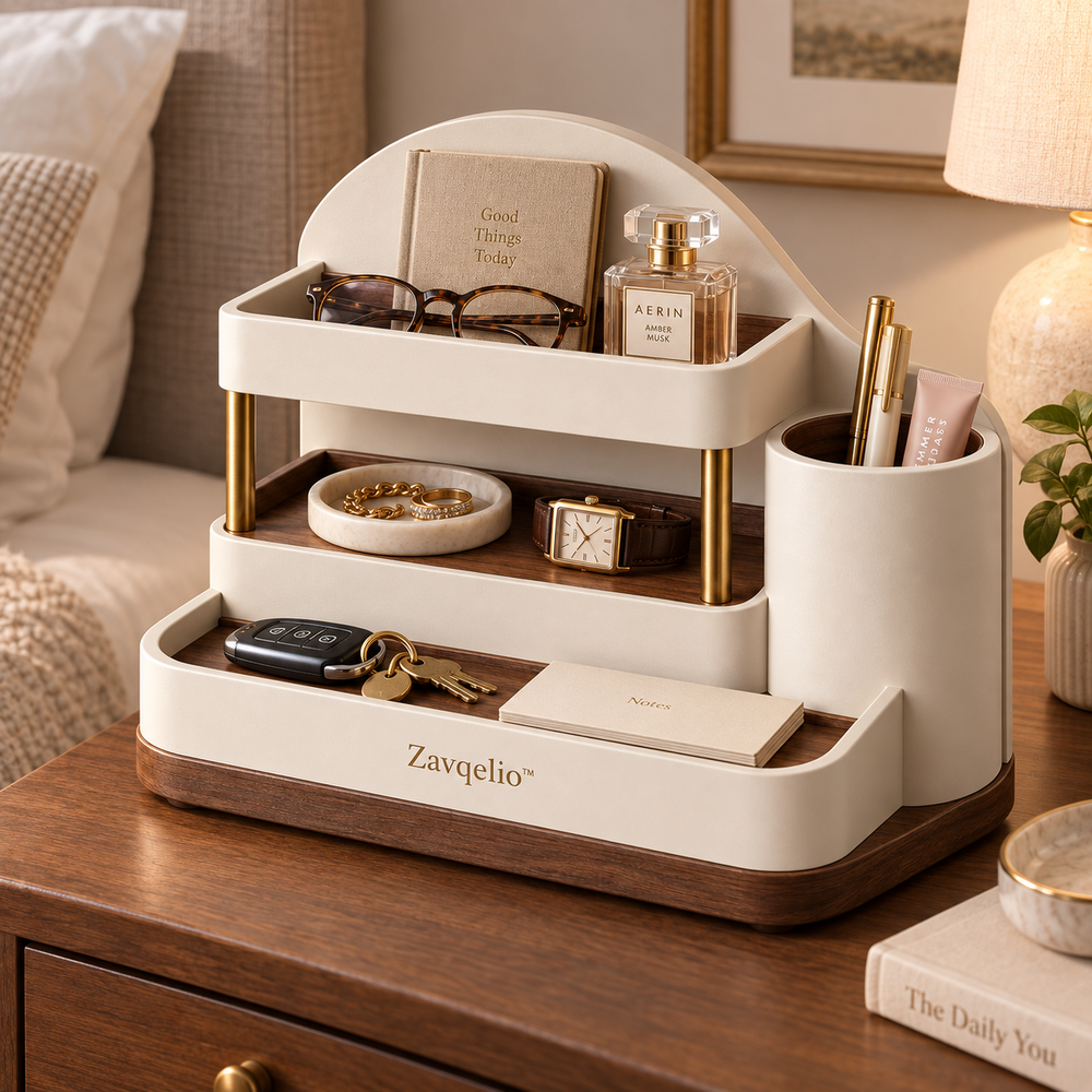 ArcNest Tiered Desktop Organizer  Sculptural 3-Tier Walnut & Cream Home Organizer