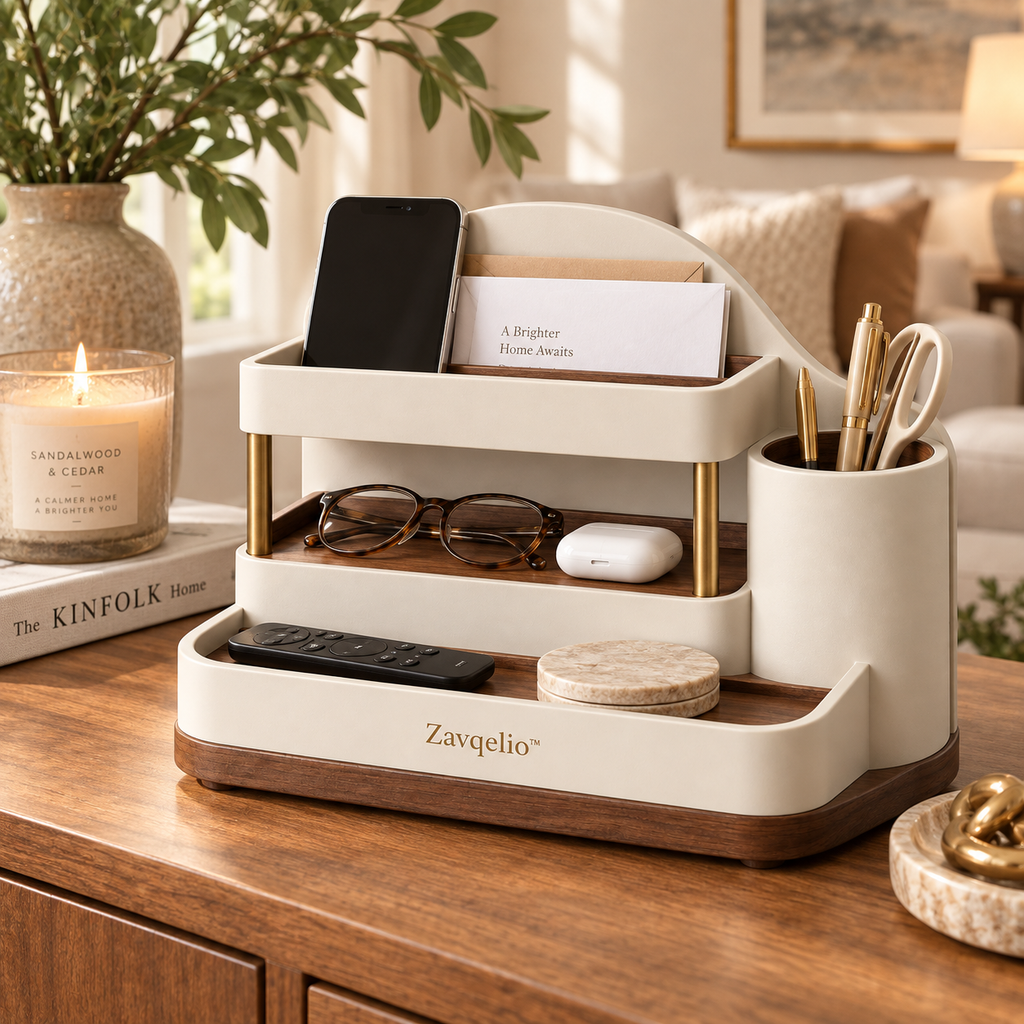 ArcNest Tiered Desktop Organizer  Sculptural 3-Tier Walnut & Cream Home Organizer