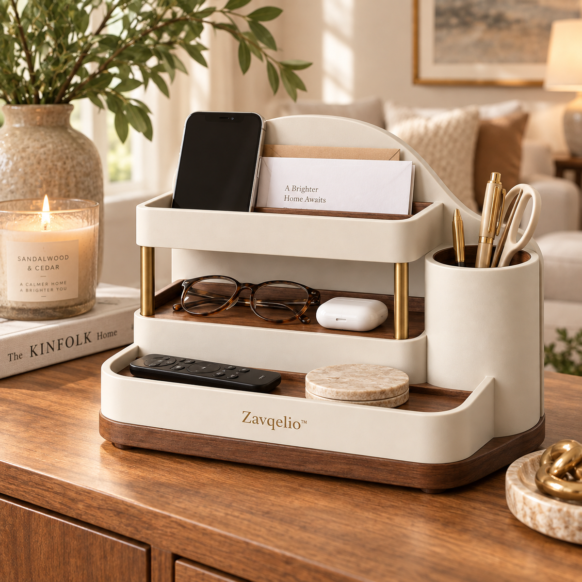 ArcNest Tiered Desktop Organizer  Sculptural 3-Tier Walnut & Cream Home Organizer