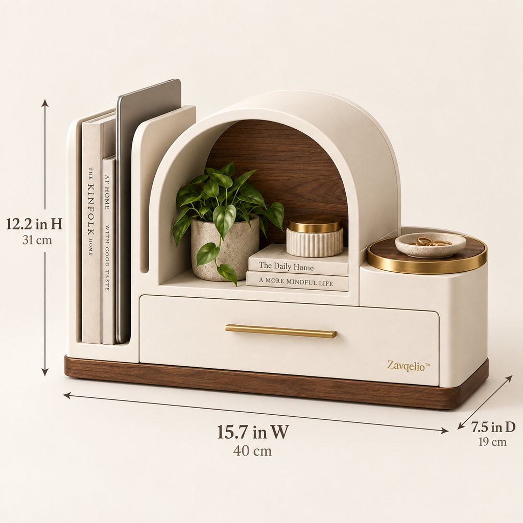 Arched Haven Desktop Organizer  Modern Multi-Zone Desktop Storage with Drawer, File Slot & Catchall Tray