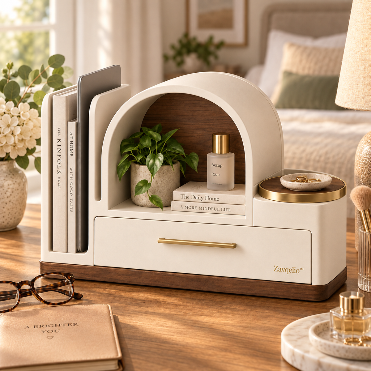 Arched Haven Desktop Organizer  Modern Multi-Zone Desktop Storage with Drawer, File Slot & Catchall Tray