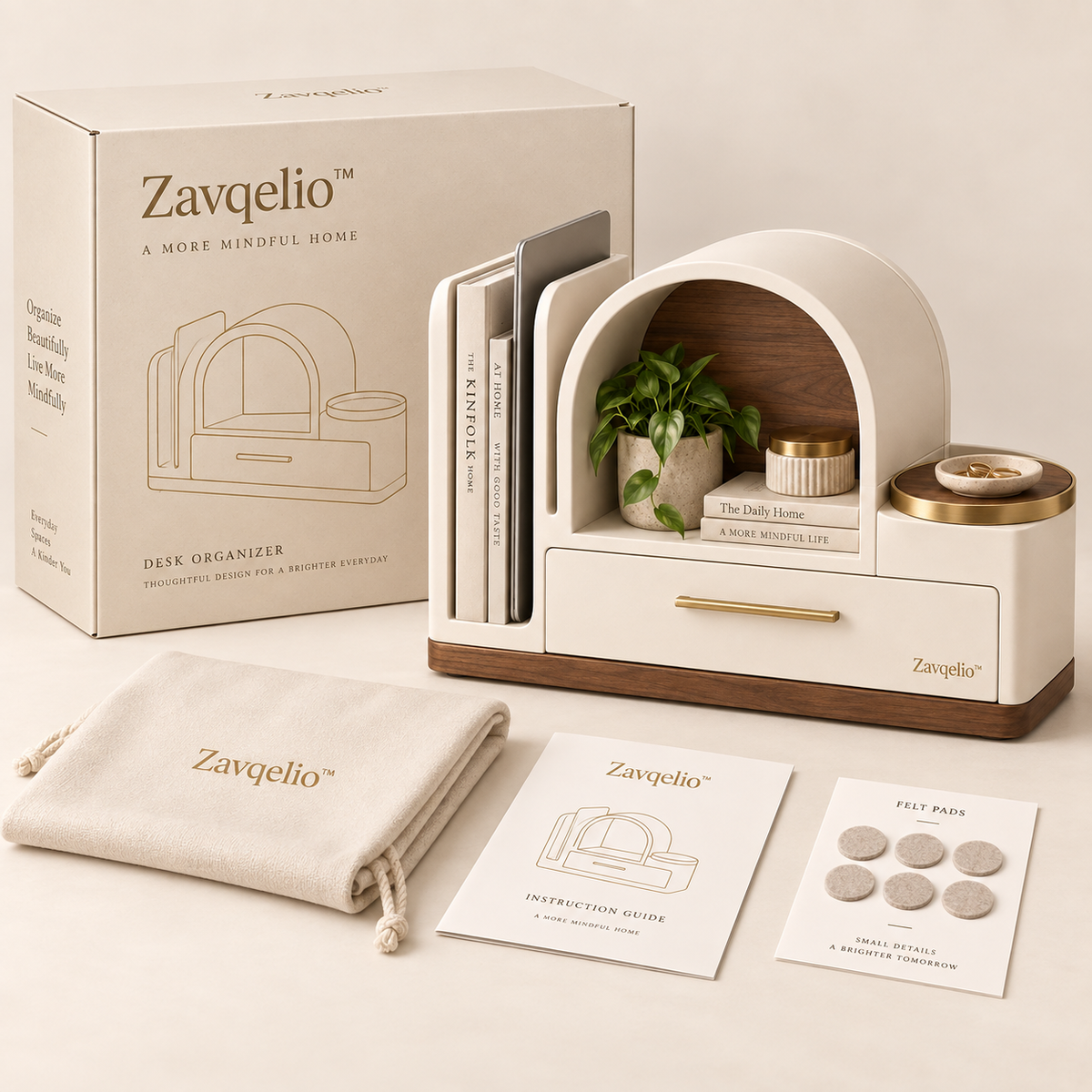 Arched Haven Desktop Organizer  Modern Multi-Zone Desktop Storage with Drawer, File Slot & Catchall Tray