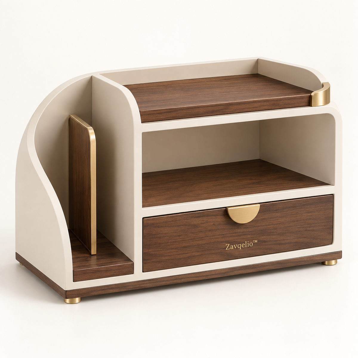 ArcNest Desktop Organizer  Modern Walnut & Cream Desktop Storage with Drawer