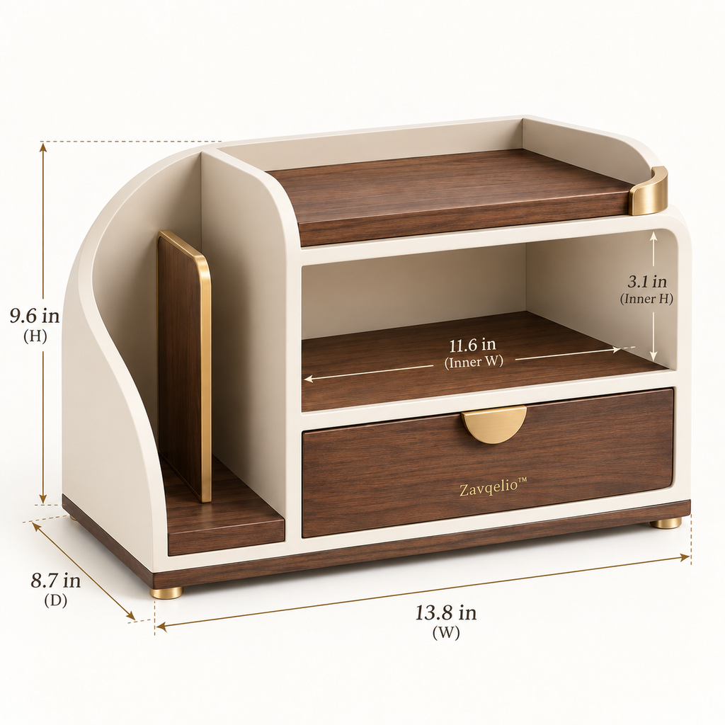 ArcNest Desktop Organizer  Modern Walnut & Cream Desktop Storage with Drawer