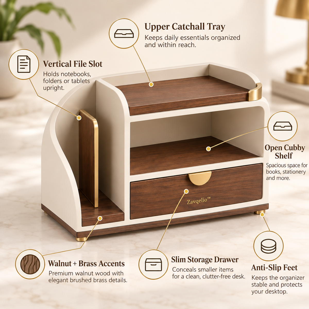 ArcNest Desktop Organizer  Modern Walnut & Cream Desktop Storage with Drawer
