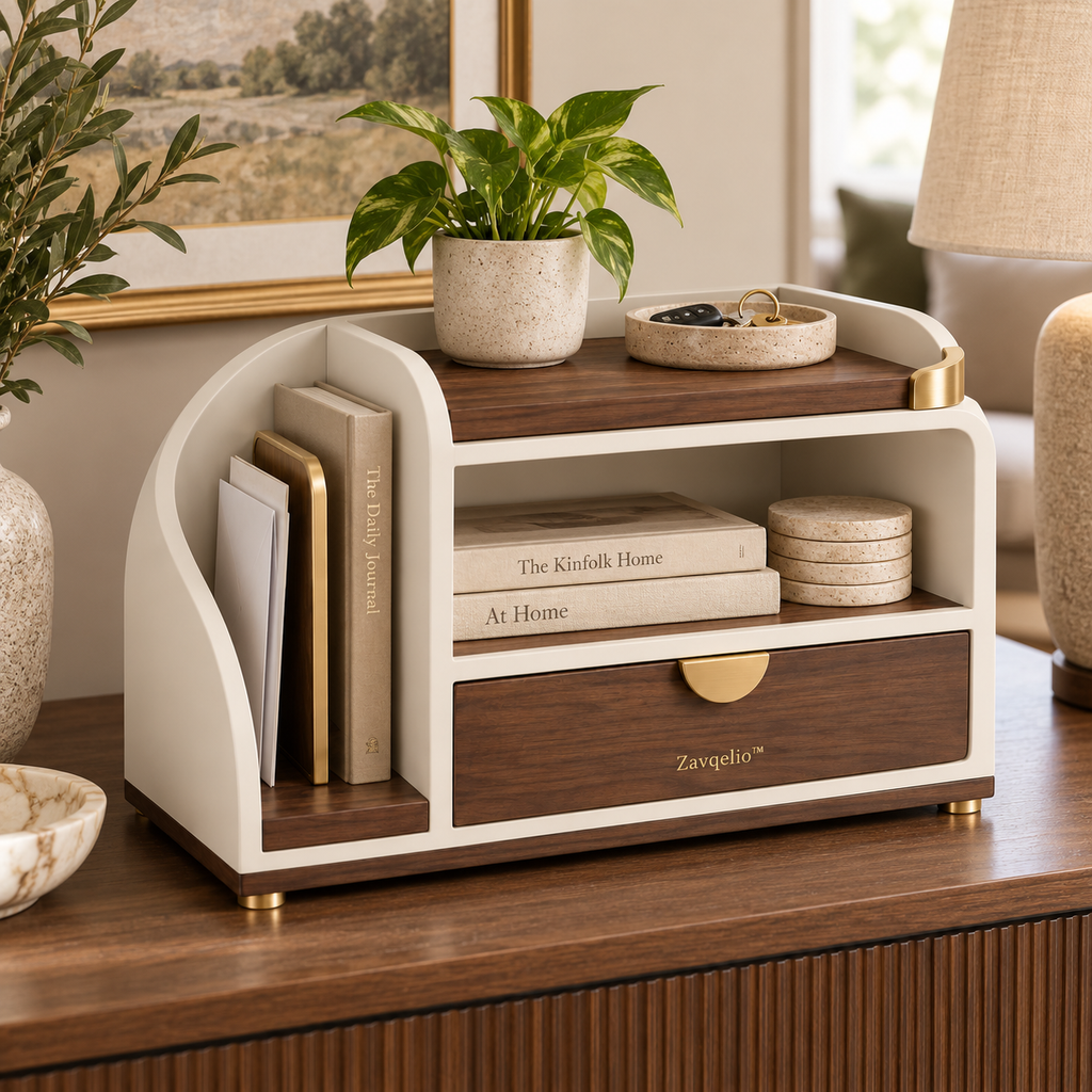 ArcNest Desktop Organizer  Modern Walnut & Cream Desktop Storage with Drawer