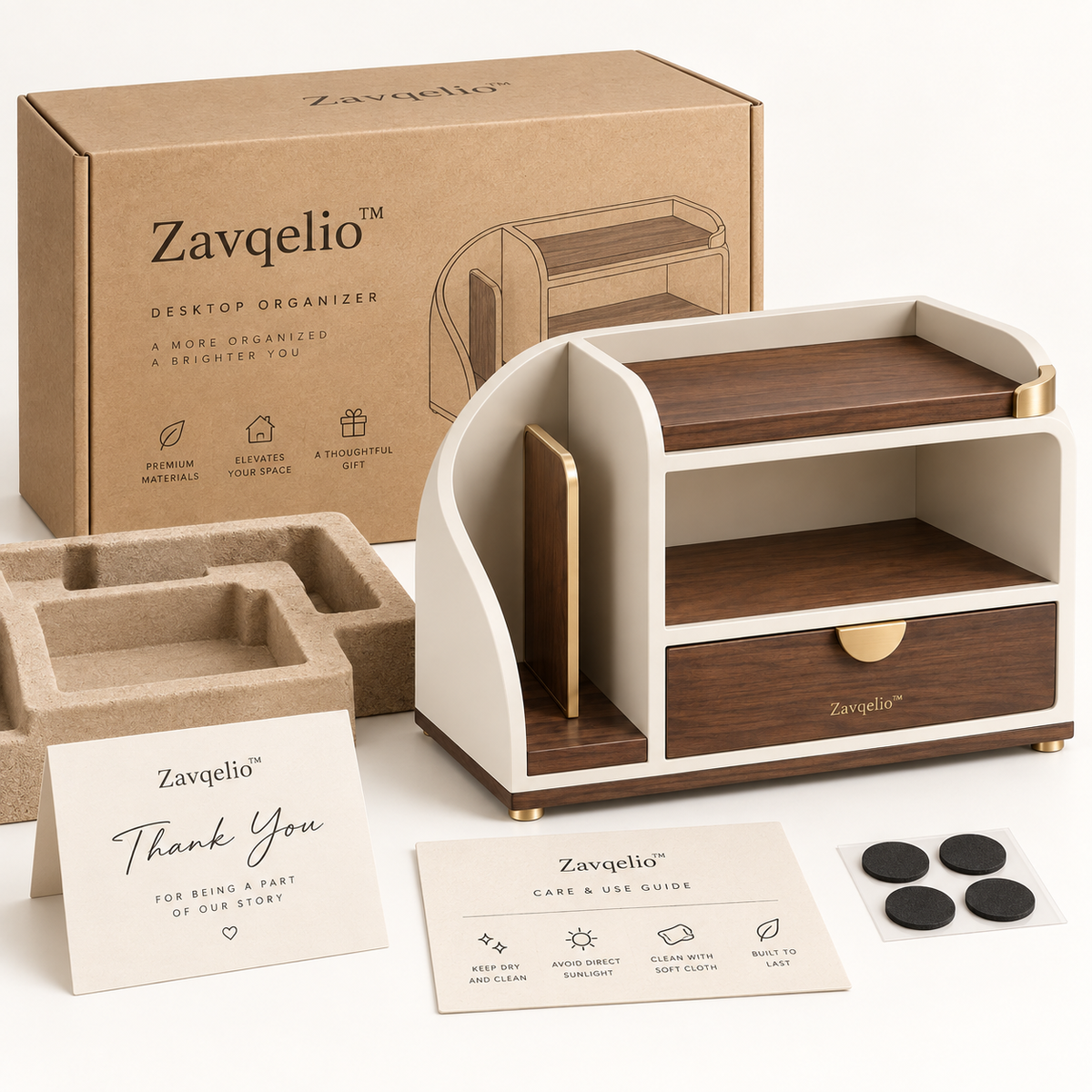ArcNest Desktop Organizer  Modern Walnut & Cream Desktop Storage with Drawer